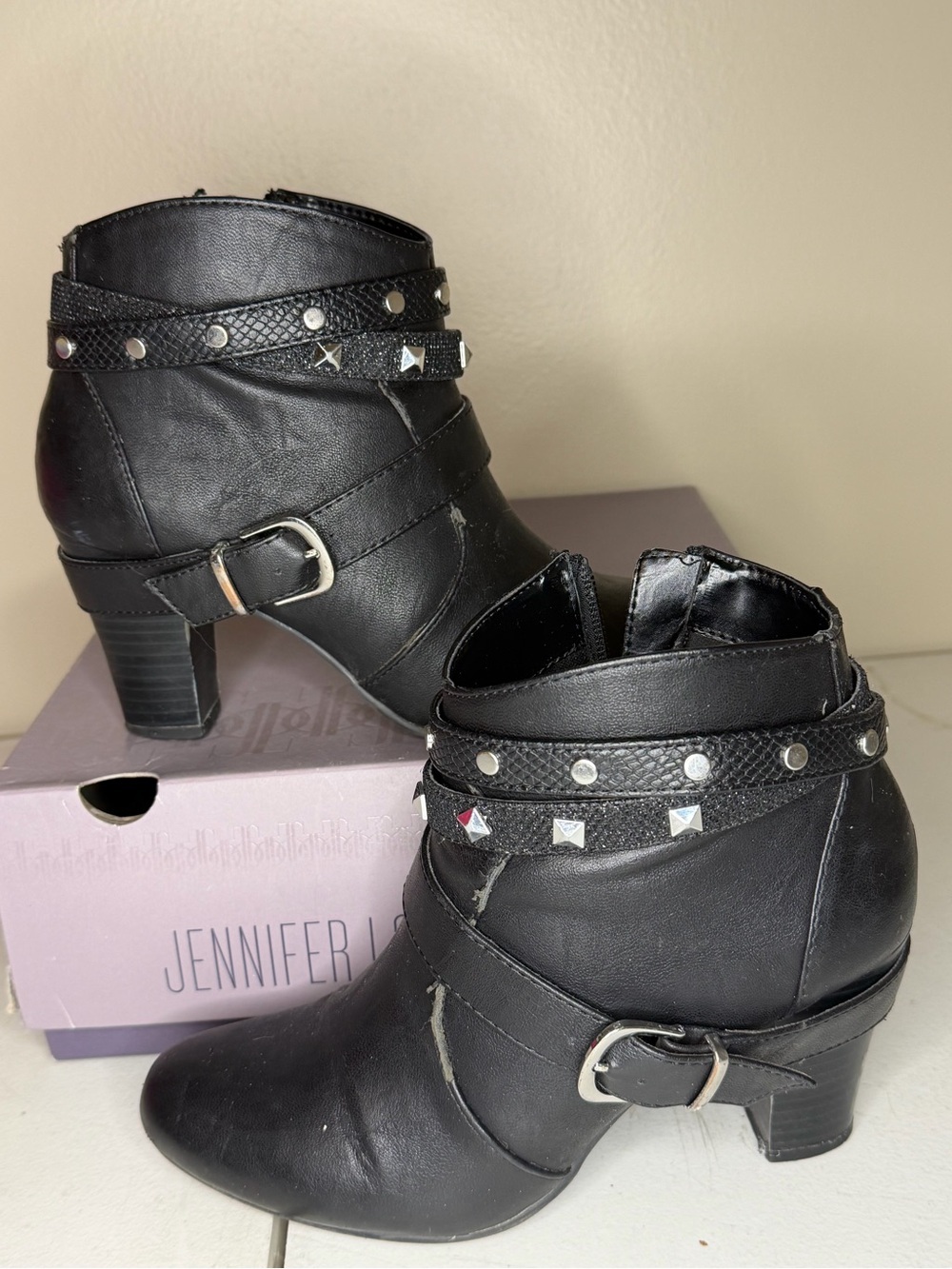Jennifer Lopez Black Studded Buckle Ankle Booties
